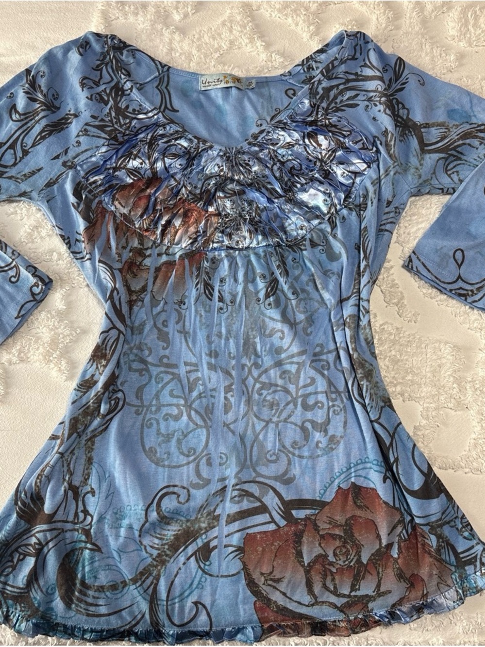 Unity World Wear Blue Floral Scoop-Neck Long Sleeve Dress with Rose Accents